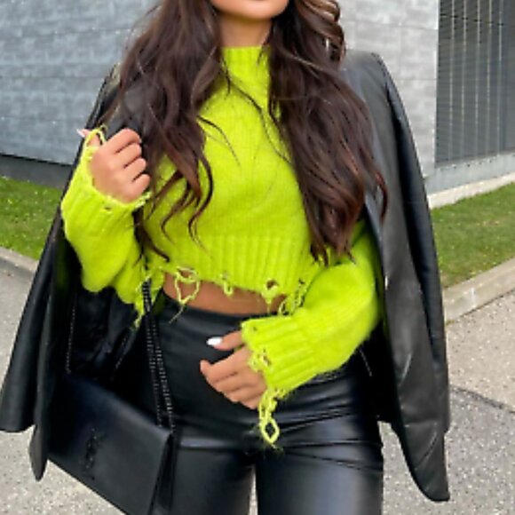 ZARA Neon Green Ripped Cropped Knit Sweater Women’s Size Small‎ Distressed - Picture 1 of 9